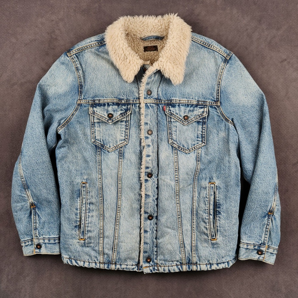 Levis Skateboarding Sherpa‎ Trucker Jacket Mens Large Blue Denim Snap Front
